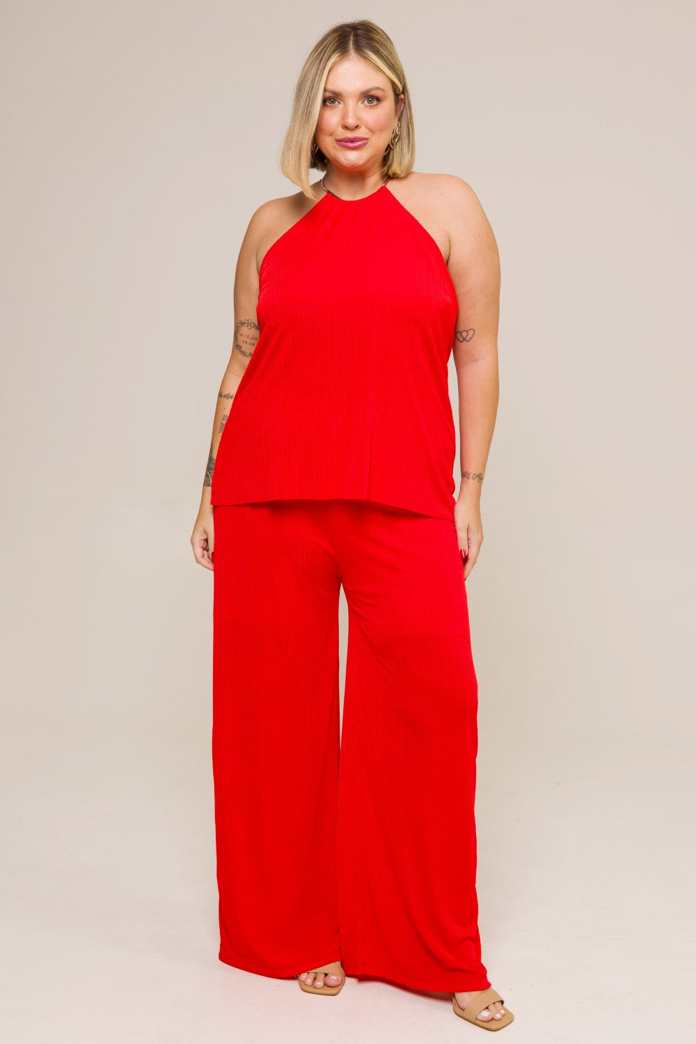 Blusa Regata Plus Size Plissada Lais Vermelho Cess