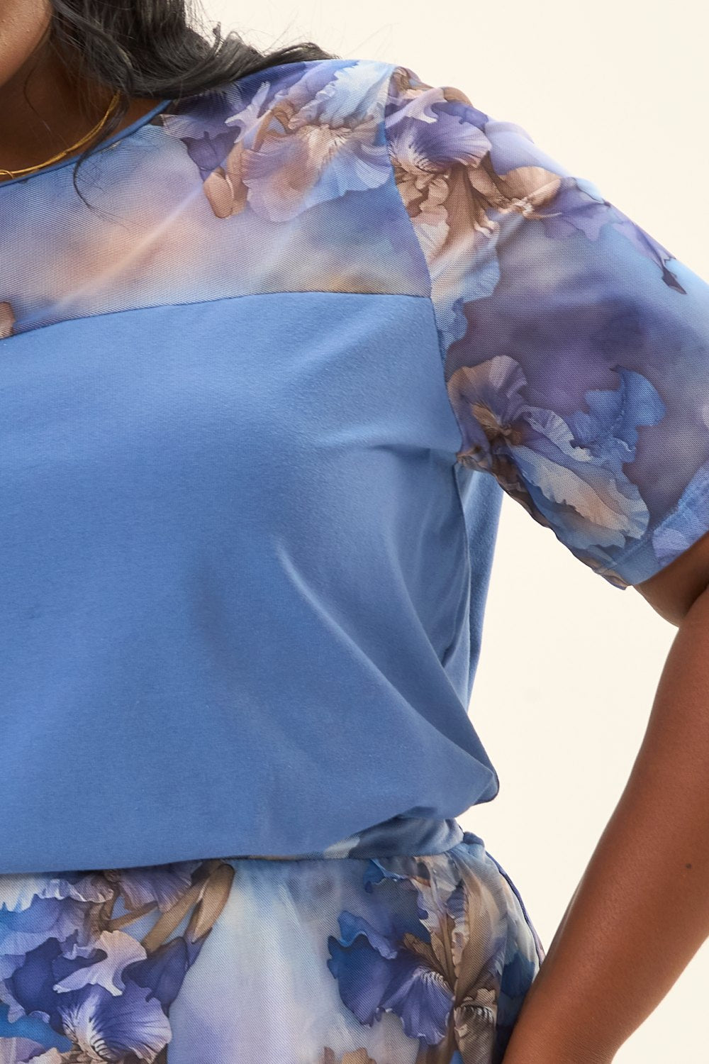 Blusa Plus Size Algodão e Tule Lis Azul Cess