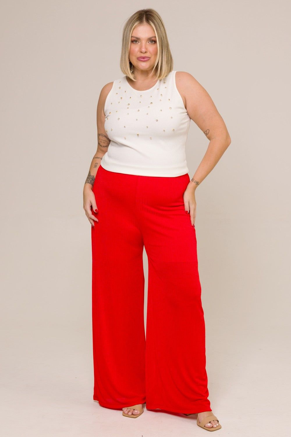 Calça Pantalona Plus Size Plissada Lais Vermelho Cess