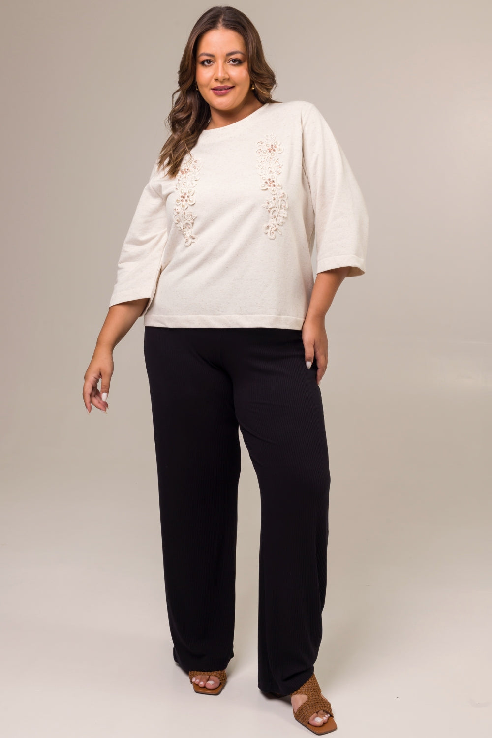 Blusa Manga 3/4 Plus Size em Moletinho com Linho Serena Natural Cess