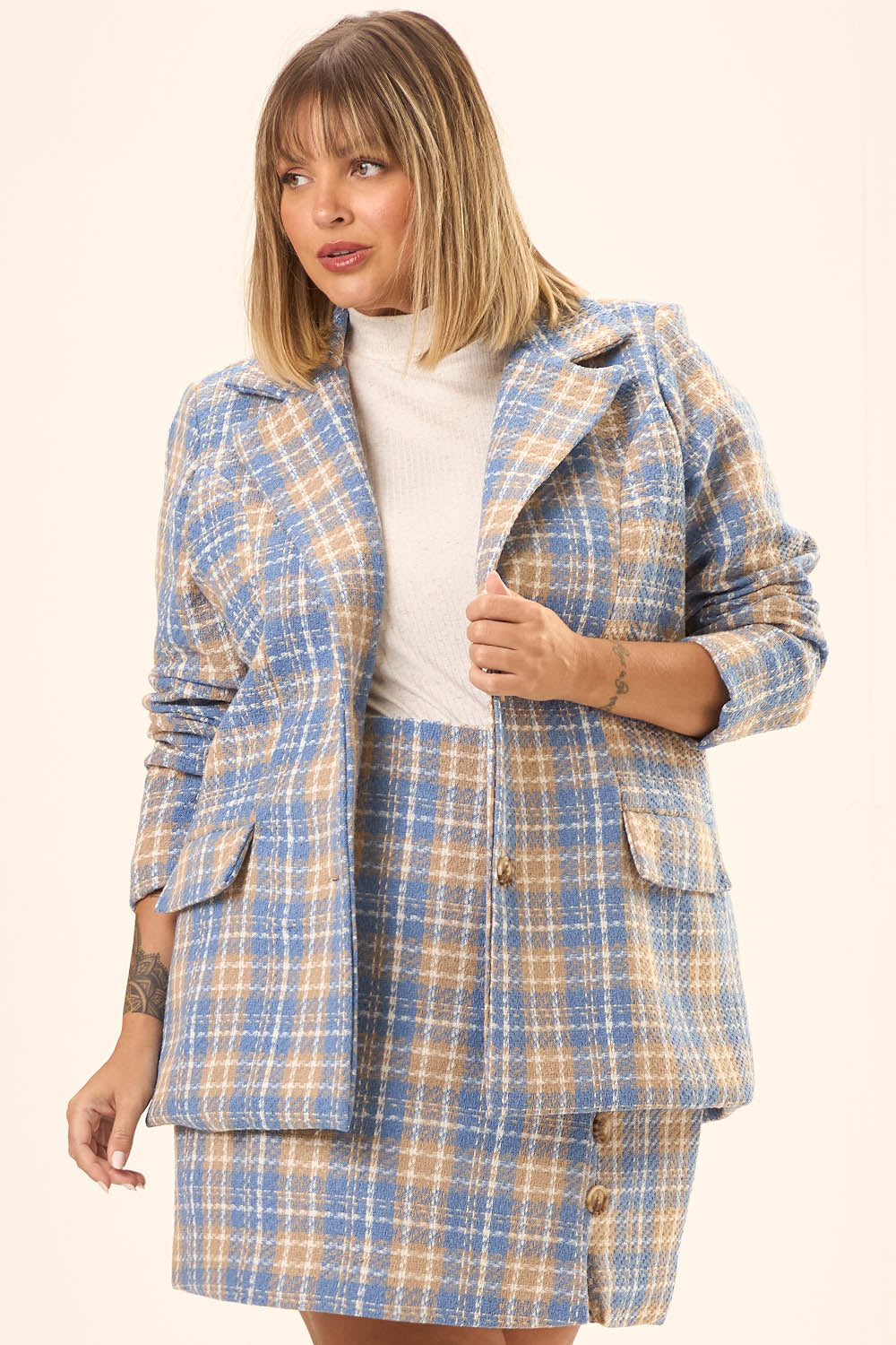 Blazer Alfaiataria Plus Size Tweed Xadrex Florença Azul Cess