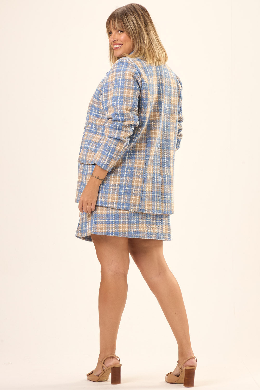 Blazer Alfaiataria Plus Size Tweed Xadrex Florença Azul Cess