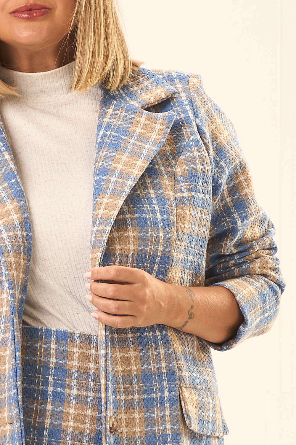 Blazer Alfaiataria Plus Size Tweed Xadrex Florença Azul Cess
