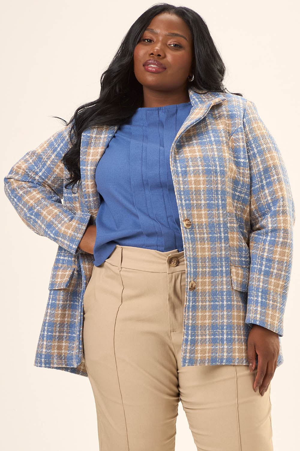 Blazer Alfaiataria Plus Size Tweed Xadrex Florença Azul Cess