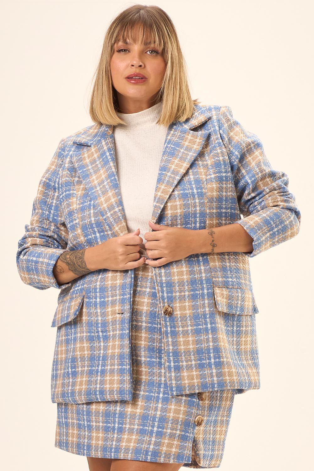 Blazer Alfaiataria Plus Size Tweed Xadrex Florença Azul Cess