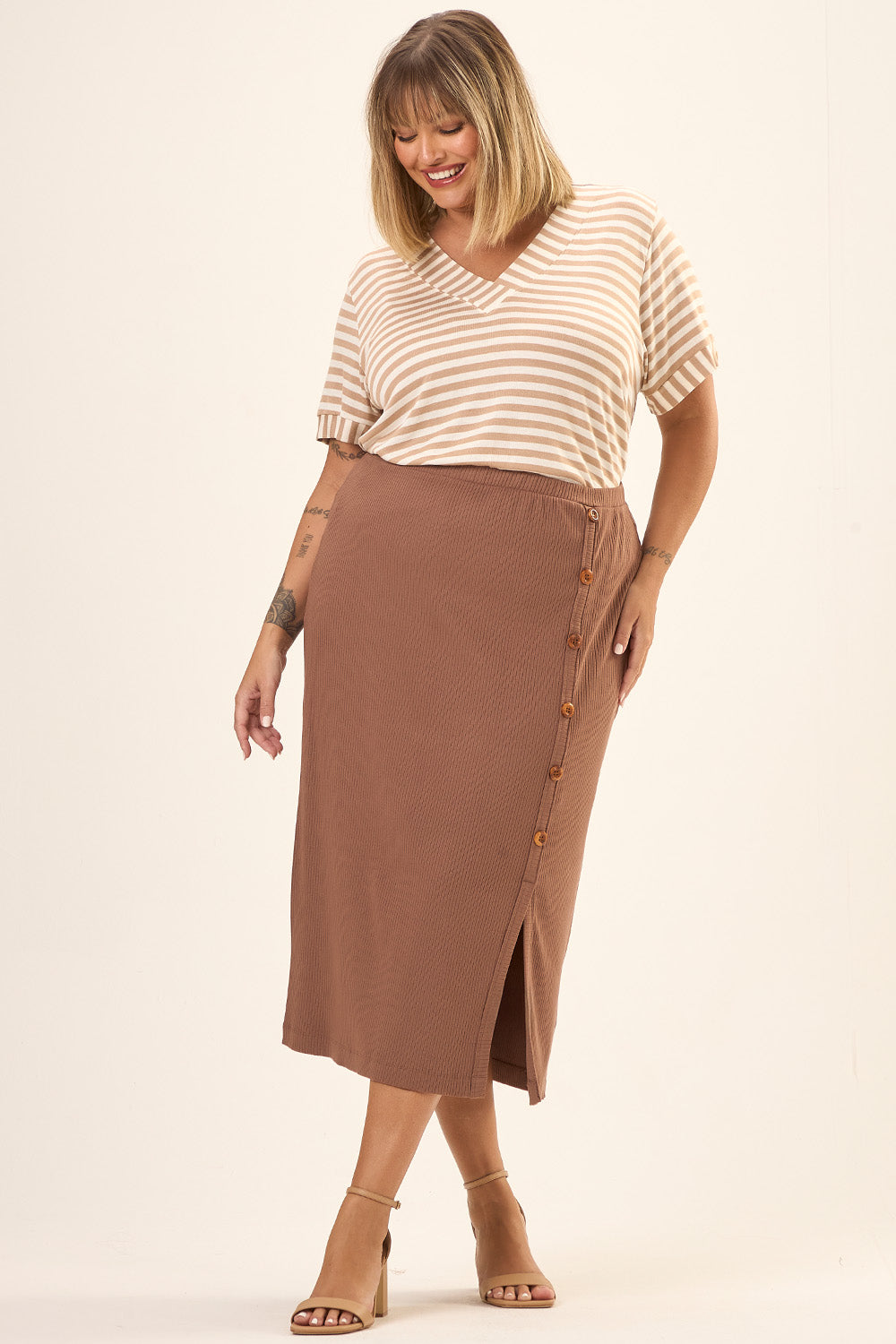Blusa Decote V Plus Size Pienza Tricot Listrado Cess