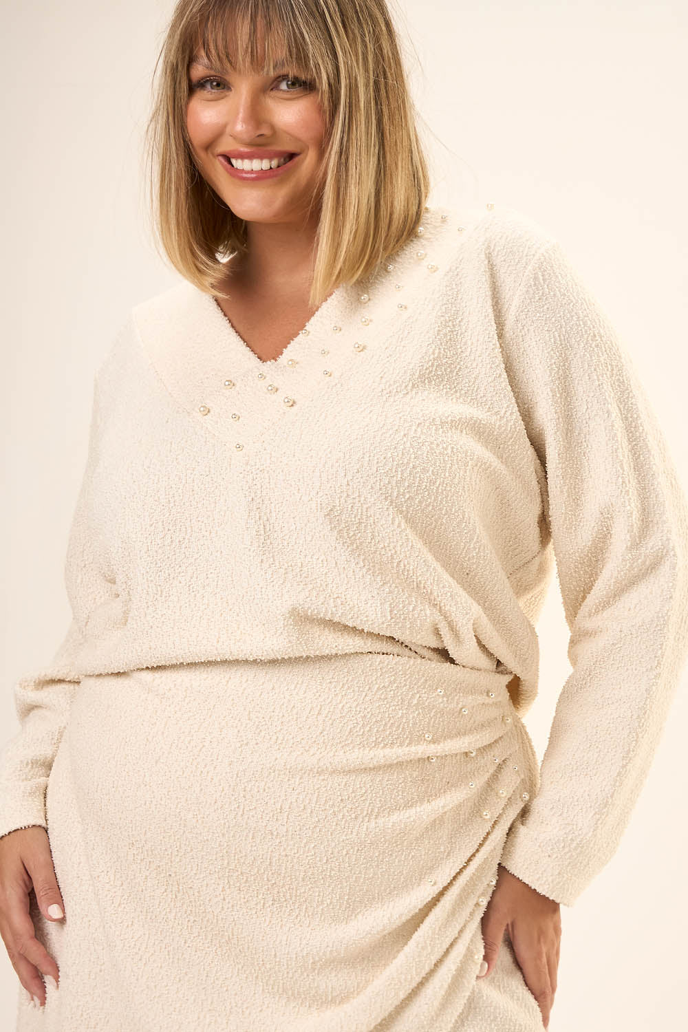 Blusão Pérolas Plus Size Tweed com Linho Tulipa Off White Cess