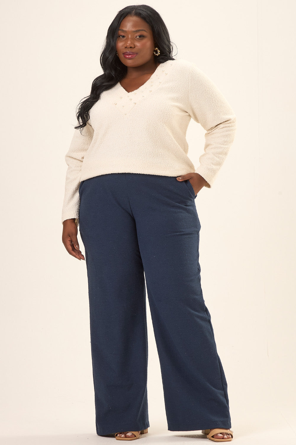 Blusão Pérolas Plus Size Tweed com Linho Tulipa Off White Cess