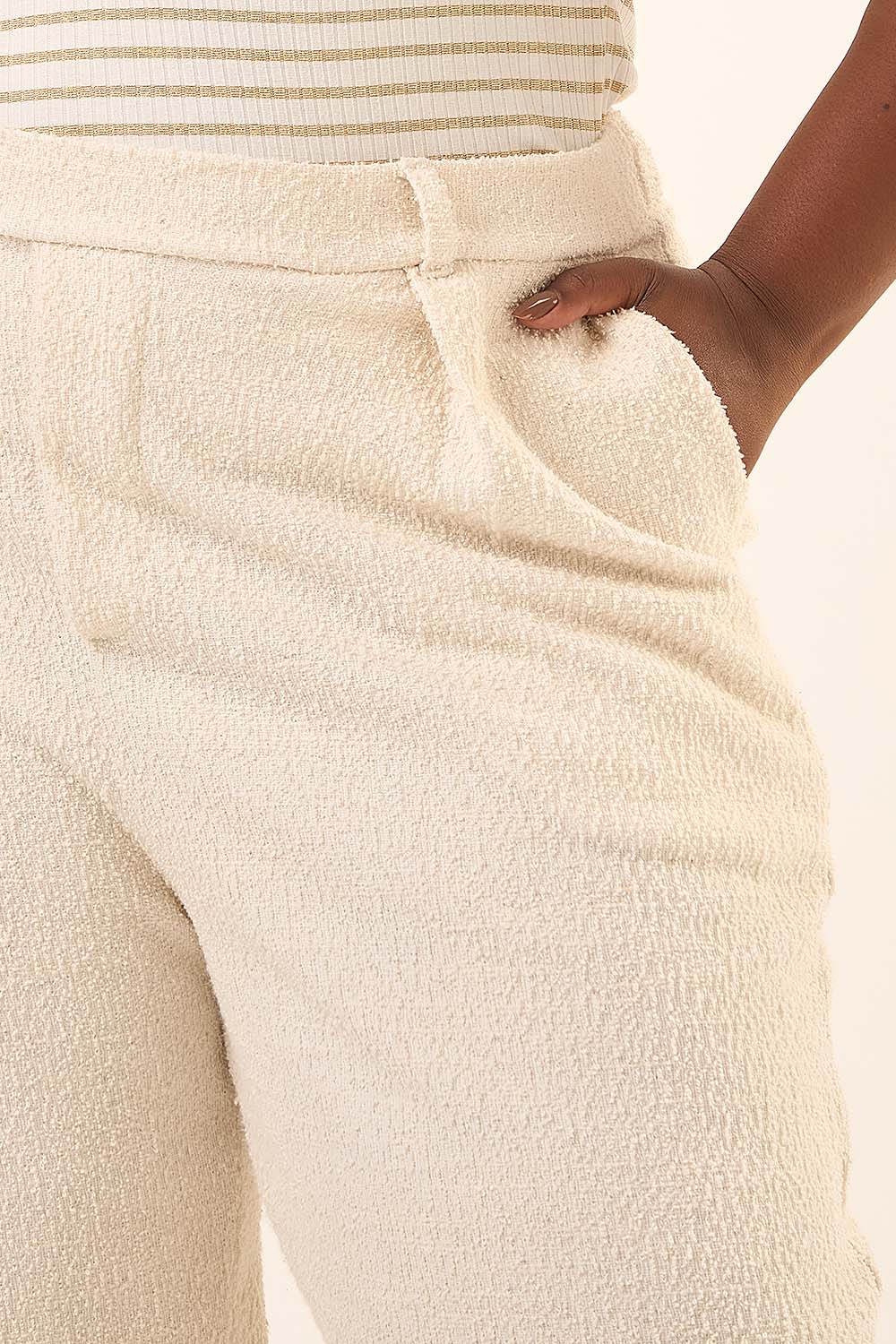 Calça Reta Plus Size Tweed Com Linho Tulipa Off White Cess