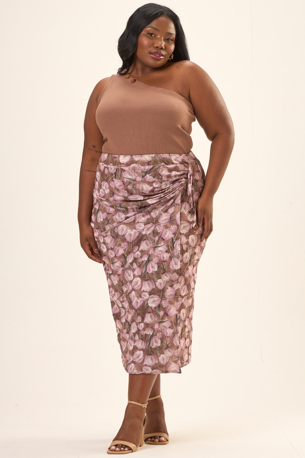 Saia Midi Com Sobreposição Plus Size Tule Estampado Tulipa Rosa Cess