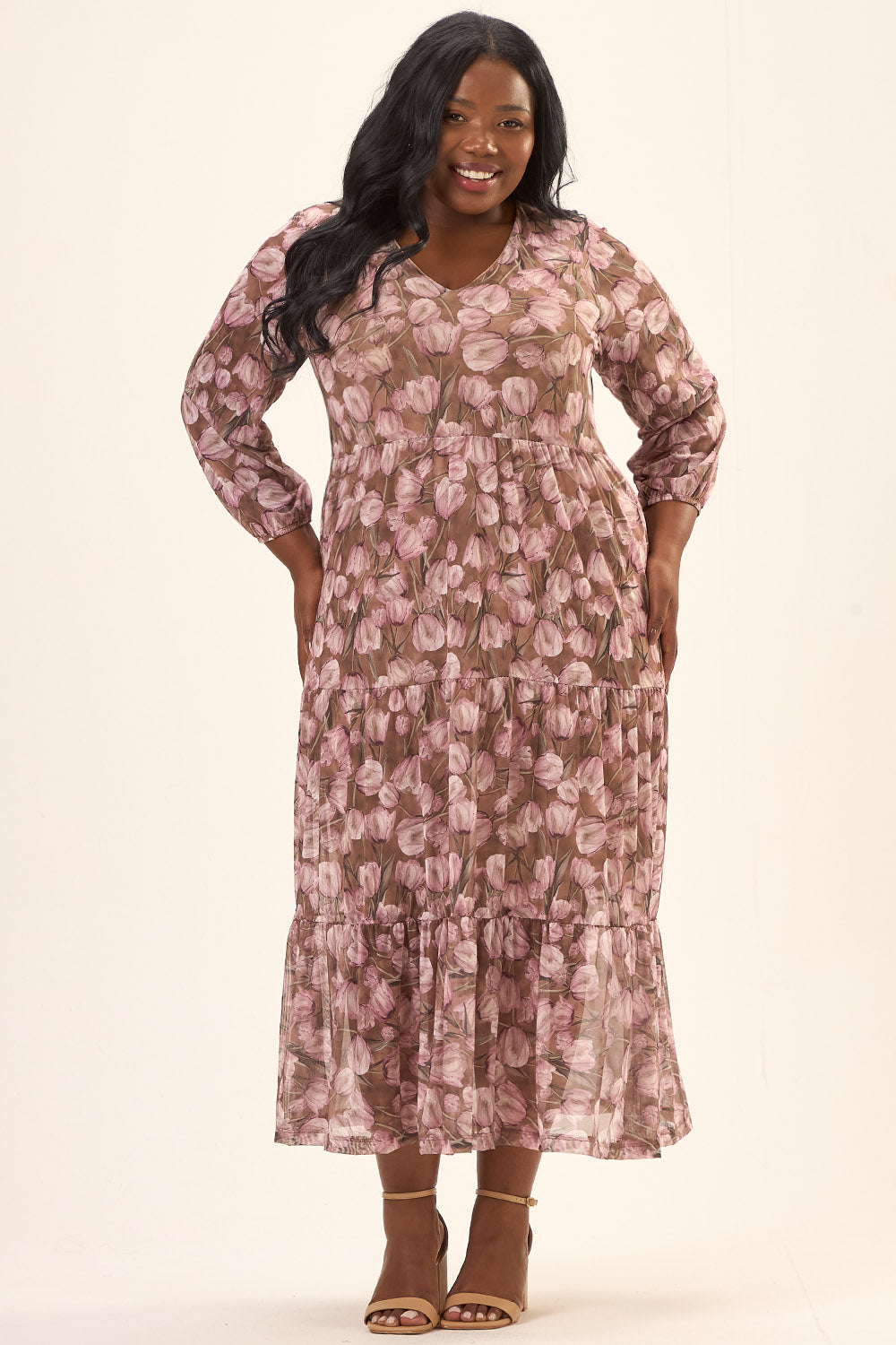Vestido Midi Manga 7/8 Plus Size Tule Estampado Tulipa Rosa Cess