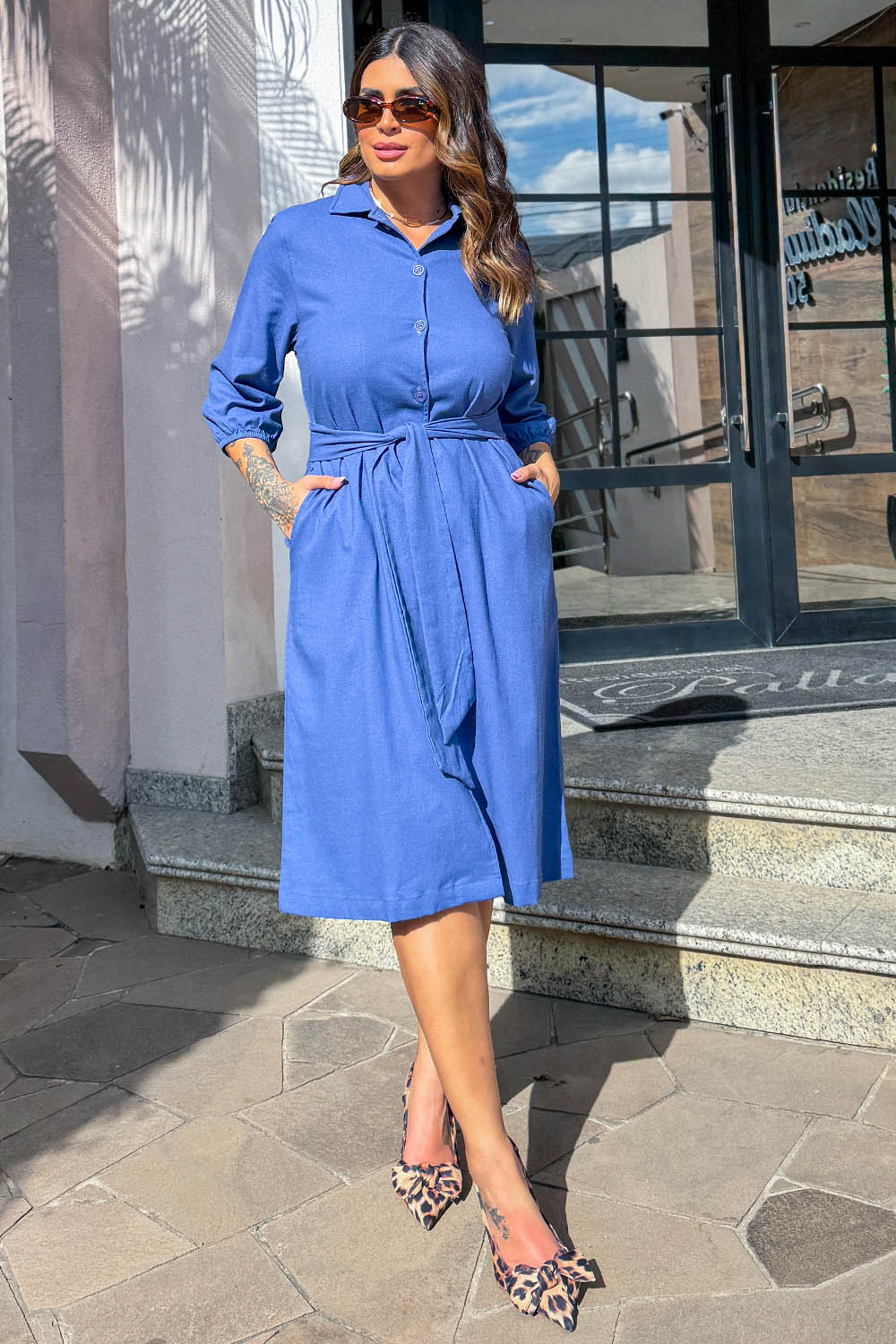 Chemise Plus Size Viscose com Linho Celeste Azul Cess