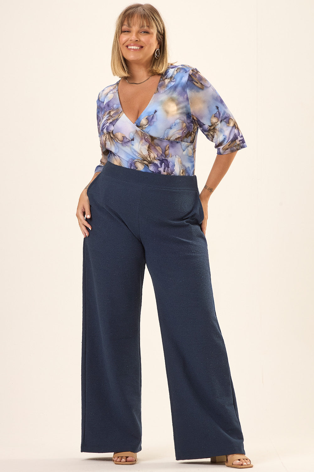 Calça Plus Size Malha Ecológica Galileo Azul Marinho Cess