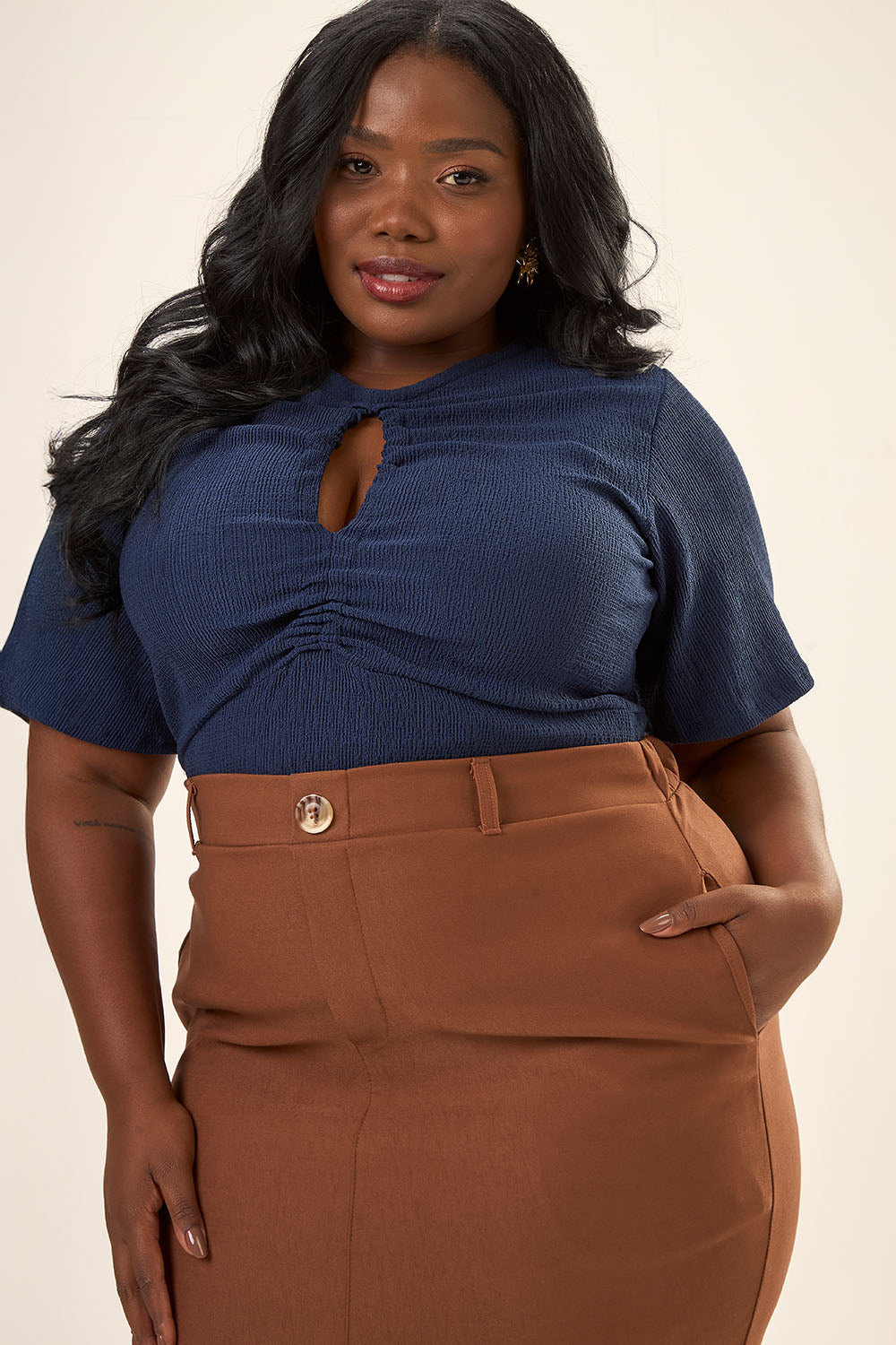 Blusa Com Gota Plus Size Malha Texturizada Galileo Azul Marinho Cess