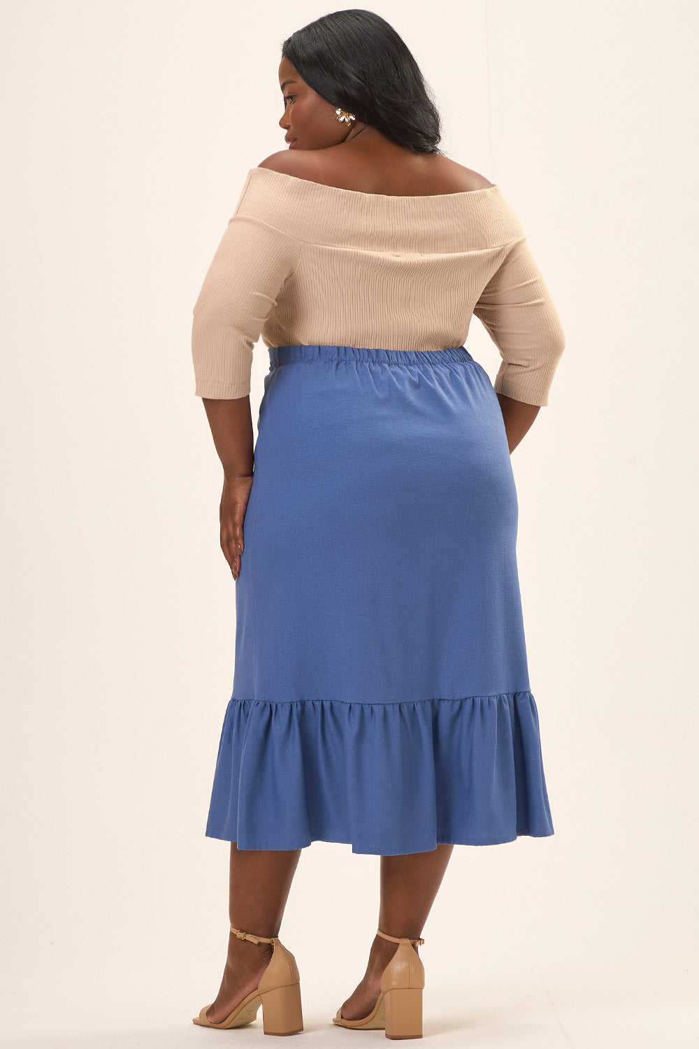 Blusa Ombro a Ombro Plus Size Canelado Magnolia Bege Cess