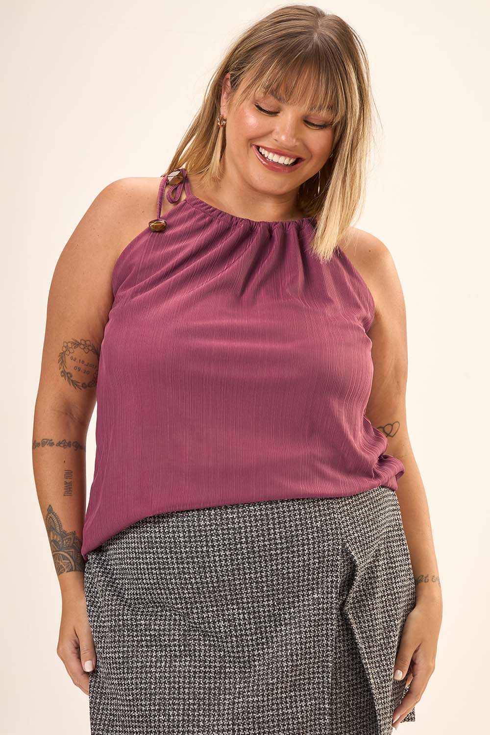 Blusa Plus Size Malha Plissada Dalia Vinho Cess