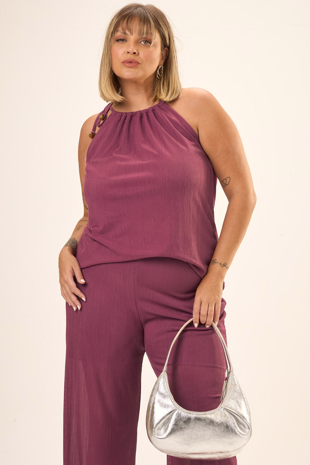 Blusa Plus Size Malha Plissada Dalia Vinho Cess