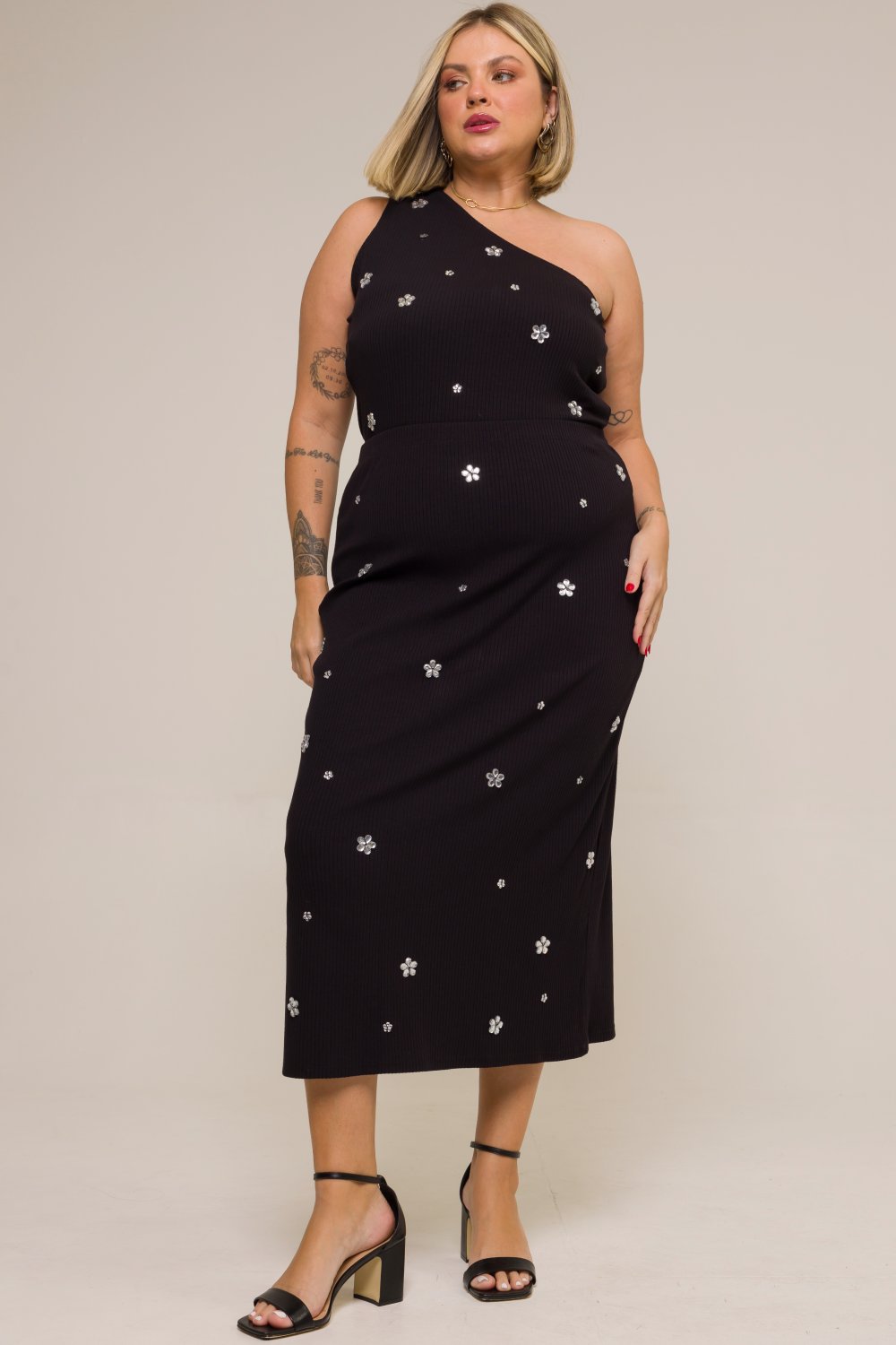 Saia Midi Plus Size Mirella New com Fenda Com Pedrarias Florais Preto Cess