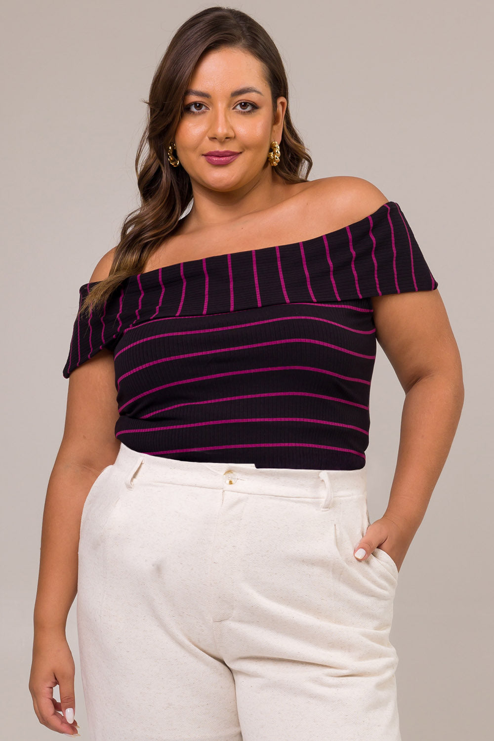 Blusa Plus Size Ombro a Ombro Canelada Diana Listrada Roxo Cess
