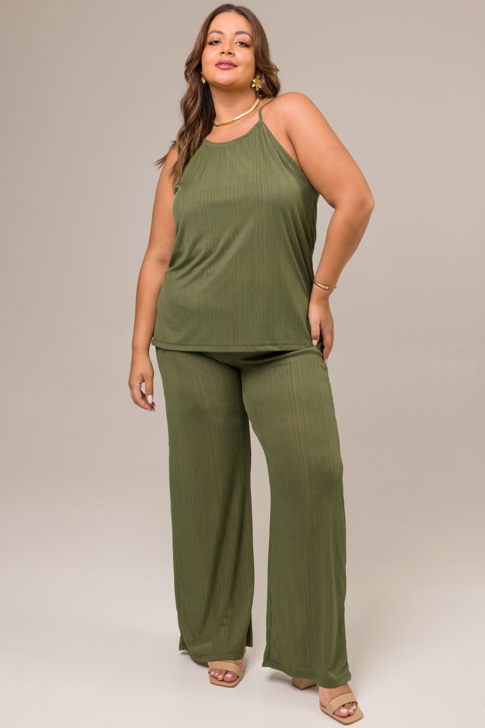 Calça Pantalona Plus Size Jade Malha Plissada Verde Cess