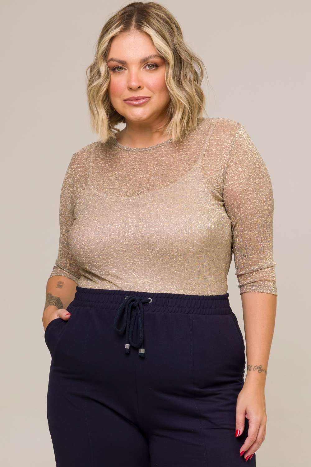 Blusa Plus Size em Tule com Brilho Lia Bege Cess