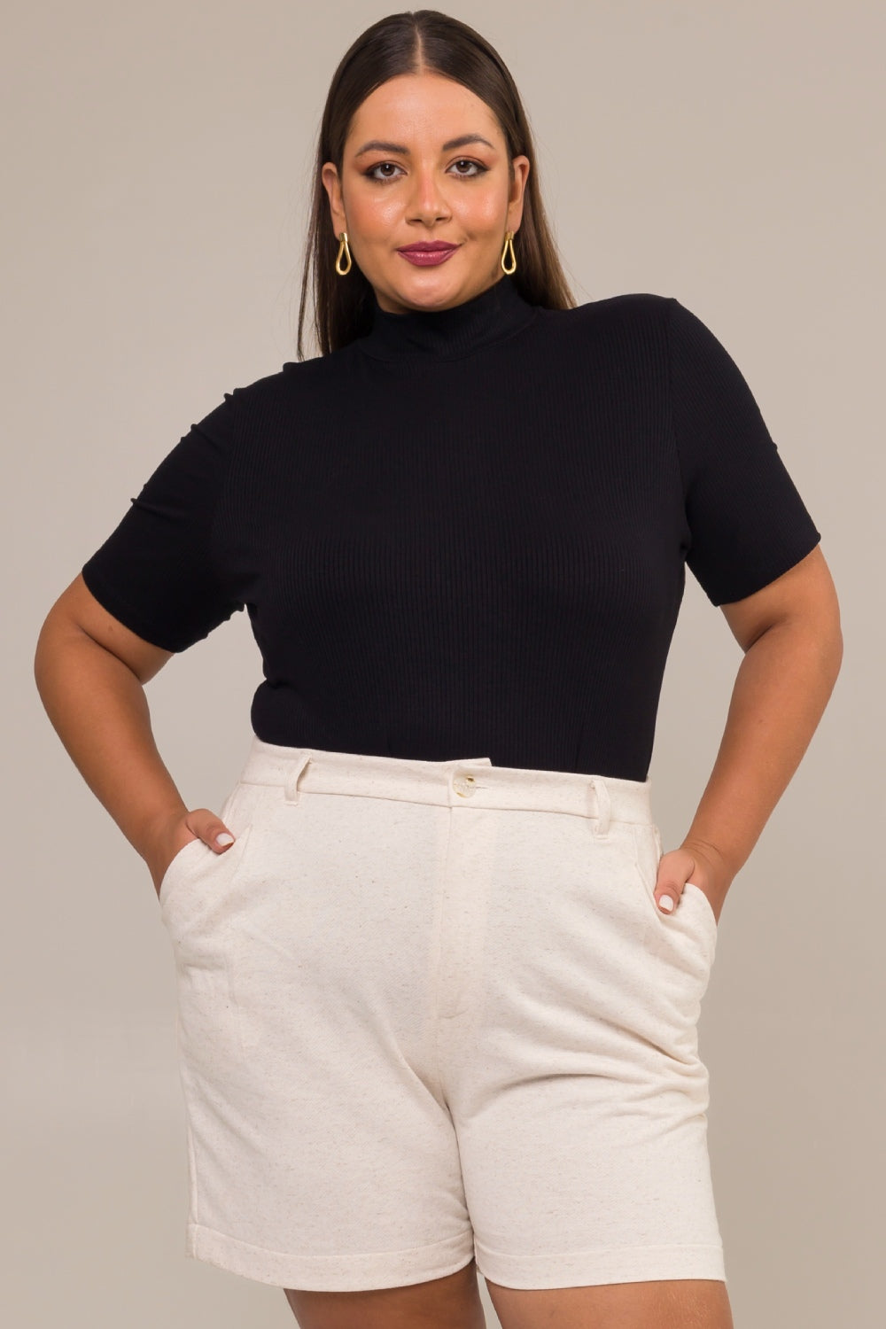 Blusa com Gola Alta Plus Size Canelada Rachel New Preto Cess
