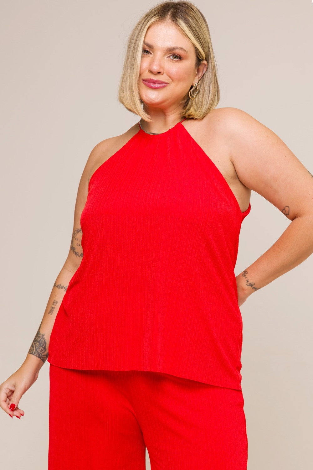 Blusa Regata Plus Size Plissada Lais Vermelho Cess